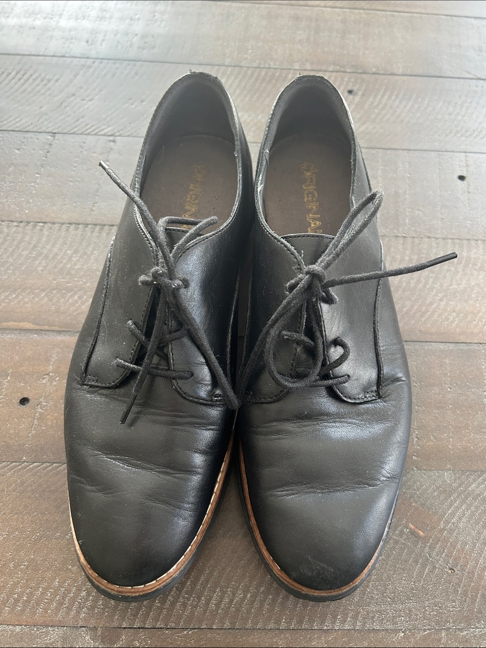 Cole Haan Black Leather Lace-Up Flats with Brown Trim